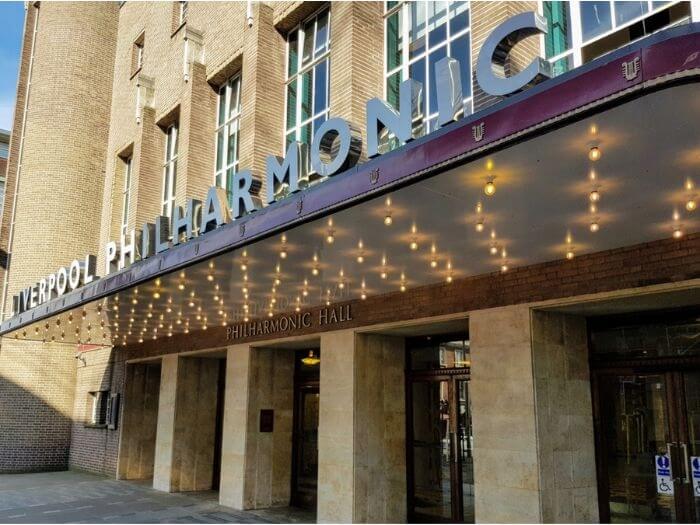 Close up exterior shot of the entrance to the Liverpool Philharmonic Hall.