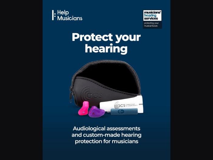 Image of the hearing protection kit you receive when joining the scheme. The text says “Protect your hearing” and “Audiological assessments and custom-made hearing protection for musicians”. The Help