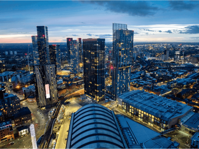 Manchester skyline at night.