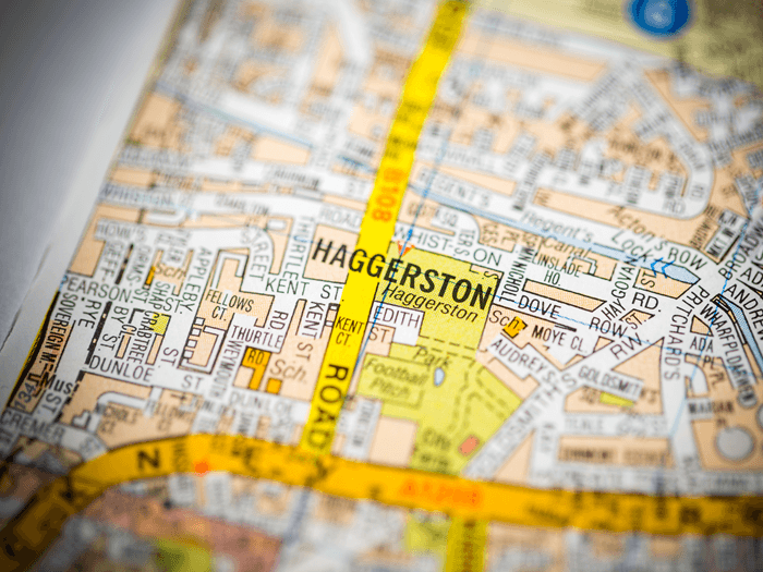 A map of East London with Haggerston marked out in bright yellow