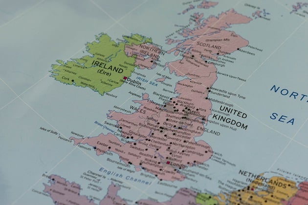 Photograph of a map of the United Kingdom and Ireland