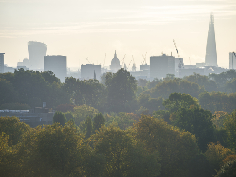 Photograph of a London skyline on a misty, early morning. The sun has just risen in the sky and the light is quite yellow.