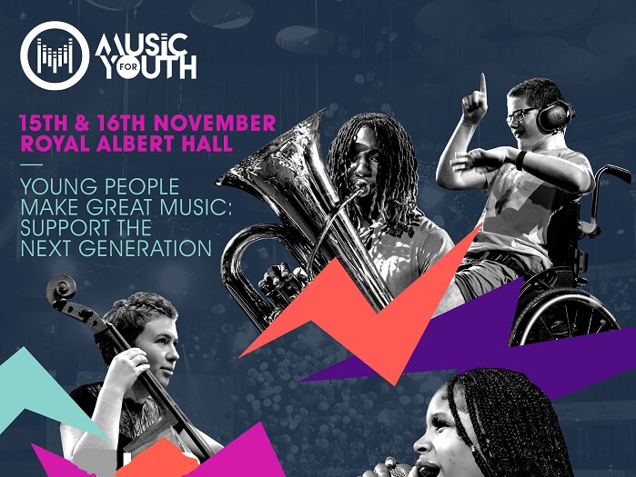 Promotional poster for Music Four Youth, with the event details and the slogan 