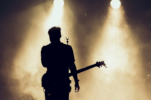 Photograph of musician with a guitar and mike, silhouetted against the stage lights.