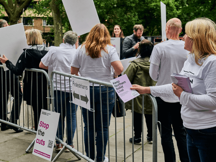 General Secretary Naomi Pohl handing out leaflets at a Northern Ballet demo in May.