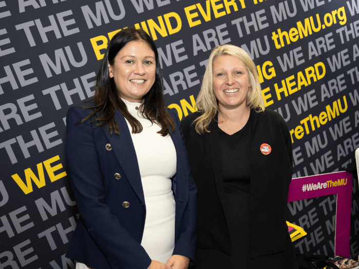 MU General Secretary Naomi Pohl standing with Lisa Nandy Secretary of State for Culture, Media and Sport at Labour Party Conference 2024.