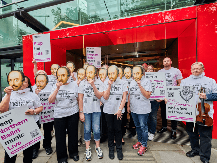 MU staff, members and supporters wearing keep Northern Ballet Live t-shirts and Shakespeare masks at an earlier demo in May 2024.