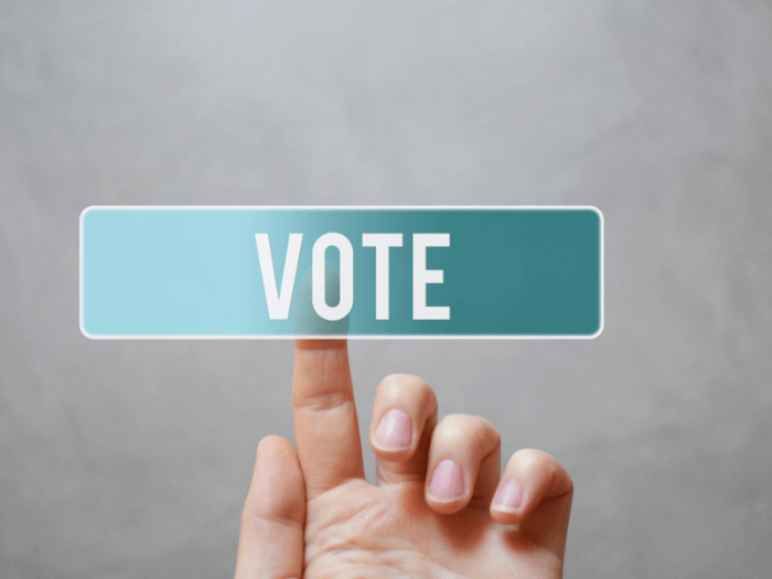 A hand pressing an online vote button.
