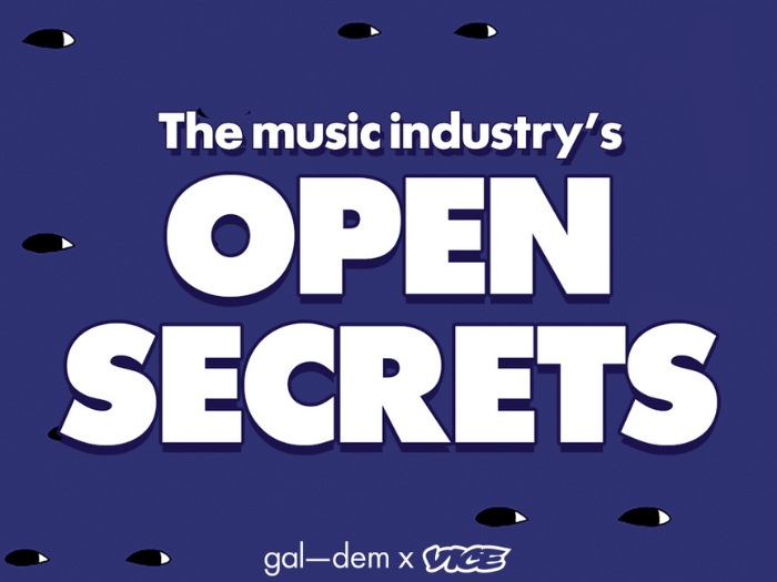 Dark blue background with 'Open Secrets' written in large, bold, white text, with 'Gal-dem x Vice' in their logo font at the bottom.