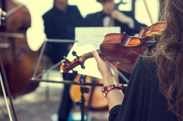 Photograph of a woman holding a violin in what appears to be an orchestral setting, other stringed instruments can be seen in the blurred background along with a music stand.