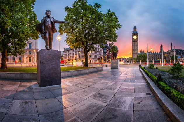 Panoramic photograph of Parliament Square as the sun sets.