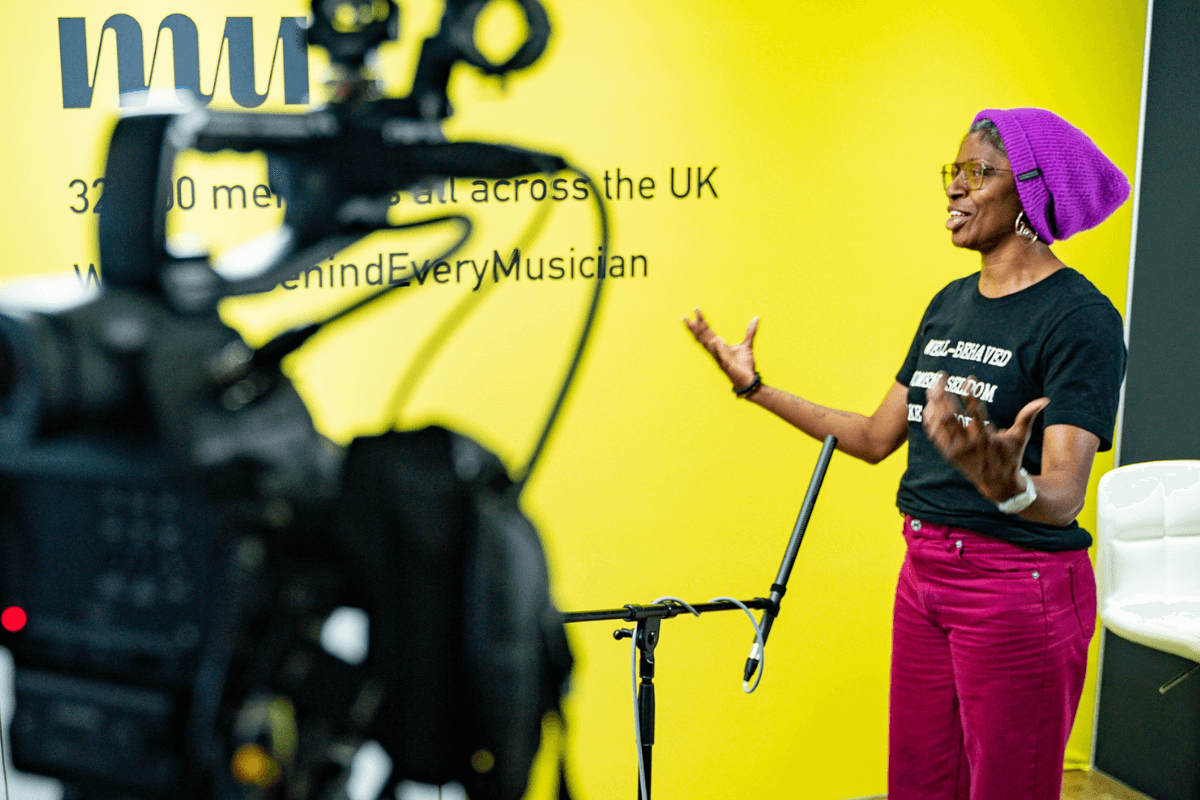 Paulette talking to camera at MU Members' Conference in Leeds in 2022.