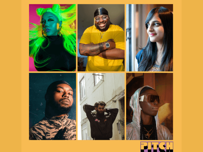 Orange box featuring Pitch logo in bottom right and artists attending: Top row left to right NoLay, Bash The Entertainer, Arusa Qureshi Bottom row left to right Mace the Great, MC Salum, LOTOS-2