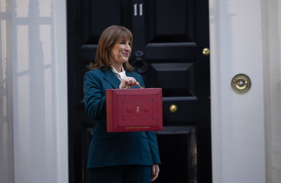 The Chancellor of the Exchequer Rachel Reeves poses outside 11 Downing Street with the red Budget Box before heading to parliament to deliver her Budget.