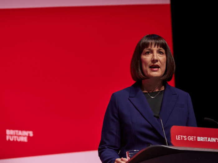 Chancellor of the Exchequer, Rachel Reeves on stage making a speech at the Labour Party Conference in 2023.