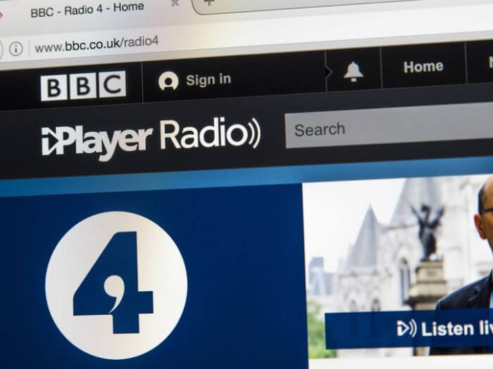 Close up of the BBC iPlayer home page showing a blue Radio 4 logo.