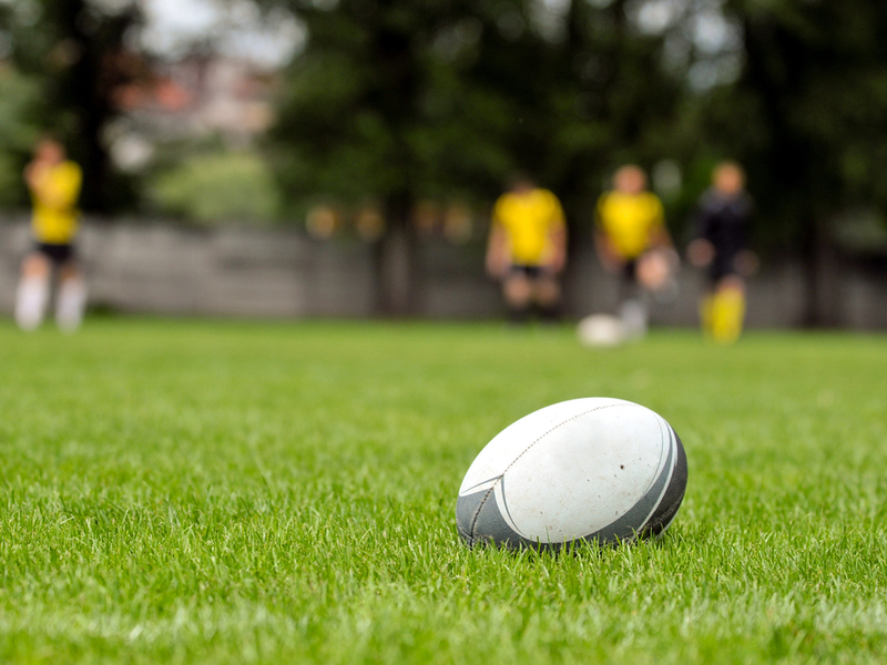 Photograph of a white rugby ball on a grassy pitch, blurred figures in yellow stand in the distance.