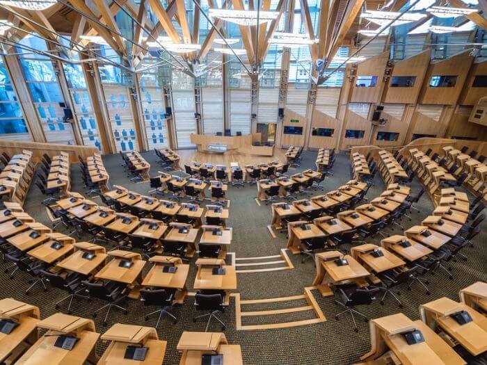 Aerial view of main chamber of Scottish Parliament in Edinburgh.