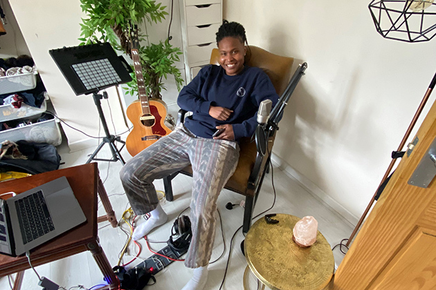 Sherika at home with music equipment