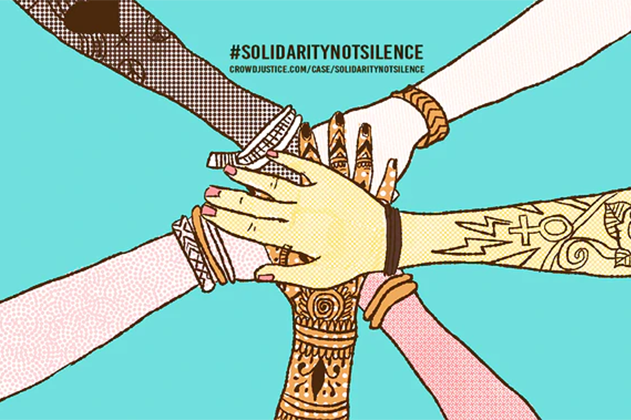 Drawn image of six women's hands reading #SolidarityNotSilence