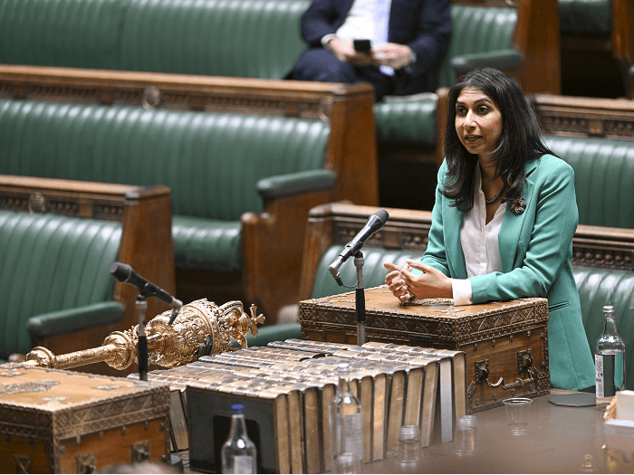 Suella Braverman speaking in the Houses of Parliament