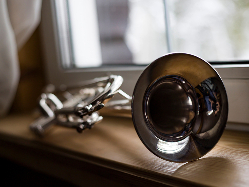Photograph of a trumpet resting on the sill of a closed window, with light shining through.