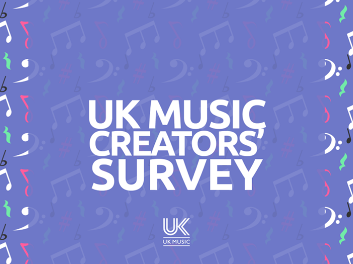Light purple/blue back ground with faint musical notes in white in the background. Coloured musical notes border the left and right of the image and in the centre, UK Music Creators Survey is in white