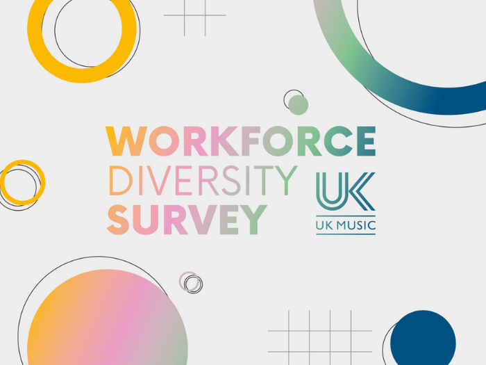 Grey background with blue and orange gradient circles with UK Music logo and text saying workforce diversity survey in capital letters.