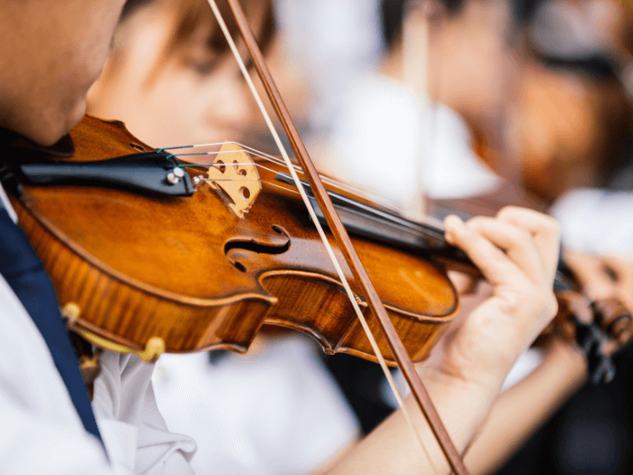 Close up of person playing the violin in an orchestra.