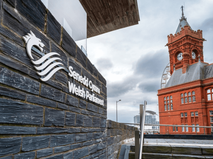 The outside of the Senedd building in Wales.