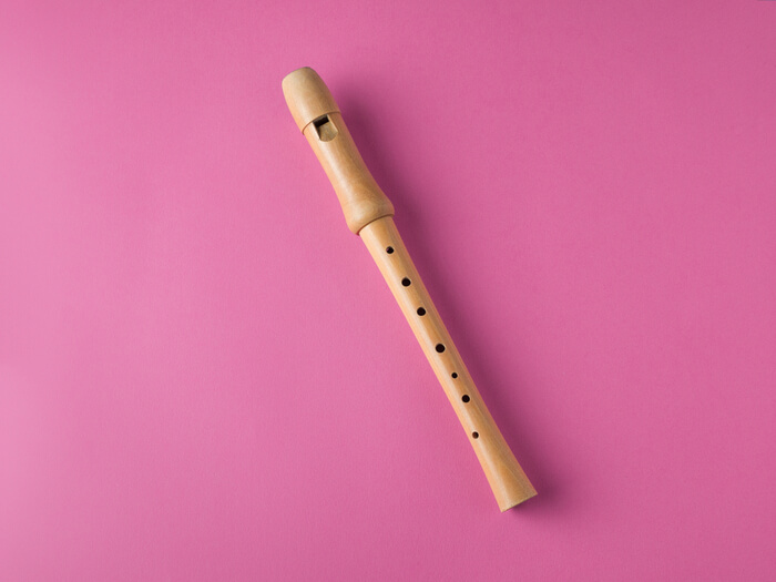 Picture of a wooden recorder against a bright pink background.
