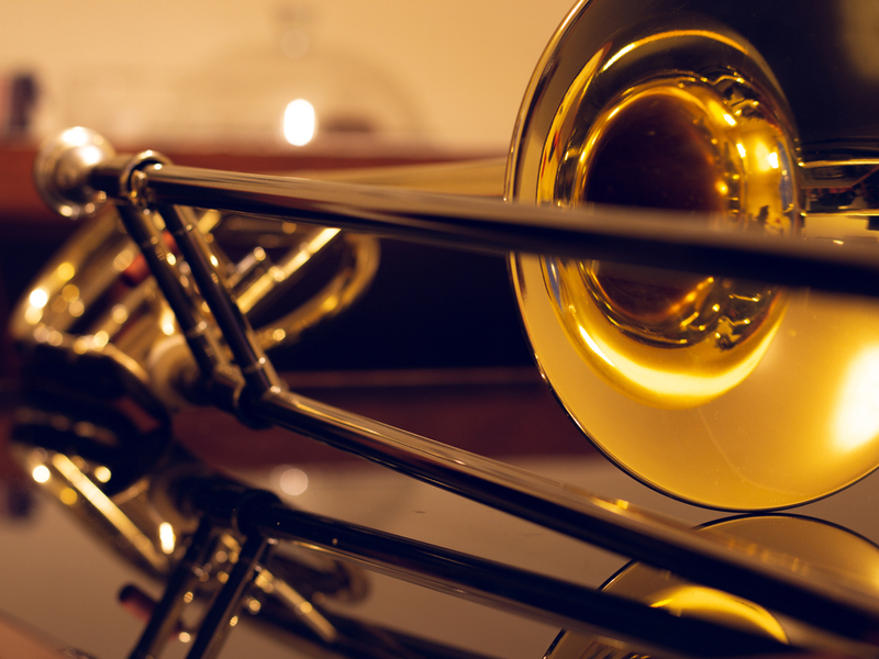 Close up photograph of a tenor trombone.