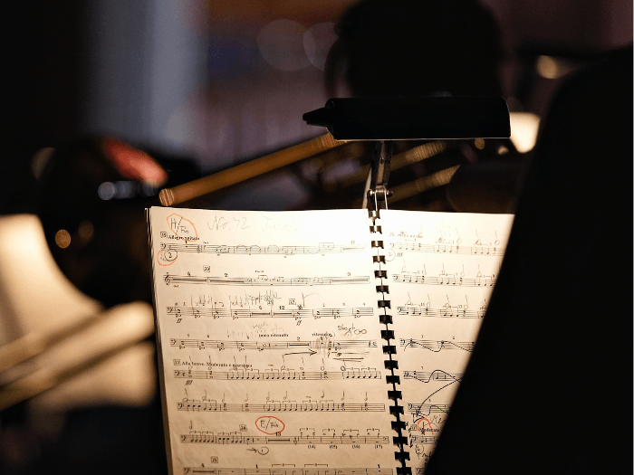 Close-up of a music score on a music stand at an orchestra concert.