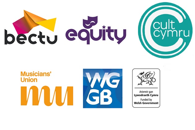 Panel of logos for BECTU, Equity, CULT Cymru, MU, WGGB
