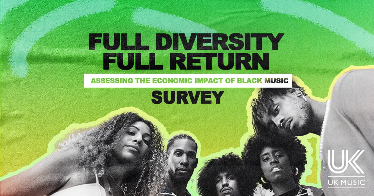 Green banner saying 'Full diversity full return' with Black musicians at the bottom of the image.