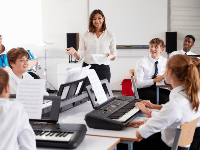 School students in a music lesson learning on keyboards.