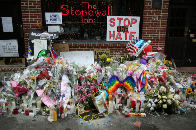 A memorial outside of the Stonewall Inn during Pride month 2016, marking the Orlando shootings which affected Black and POC LGBT communities that year