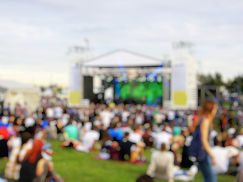 Blurred photograph of a crowd outdoors, sitting and facing an outdoor stage.