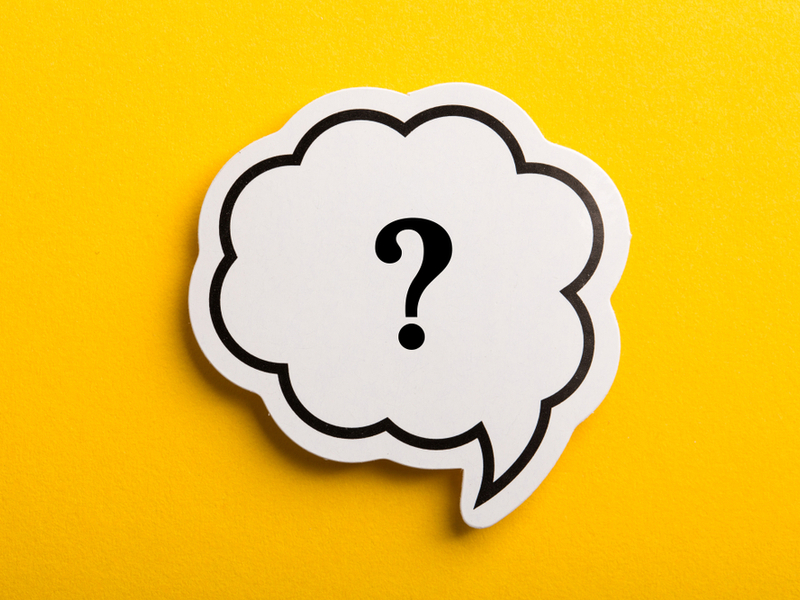 Question mark graphic on a speech bubble, against a bright yellow background