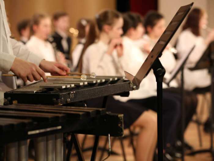 School orchestra, with most instruments blurred in the background and a xylophone in focus in the foreground