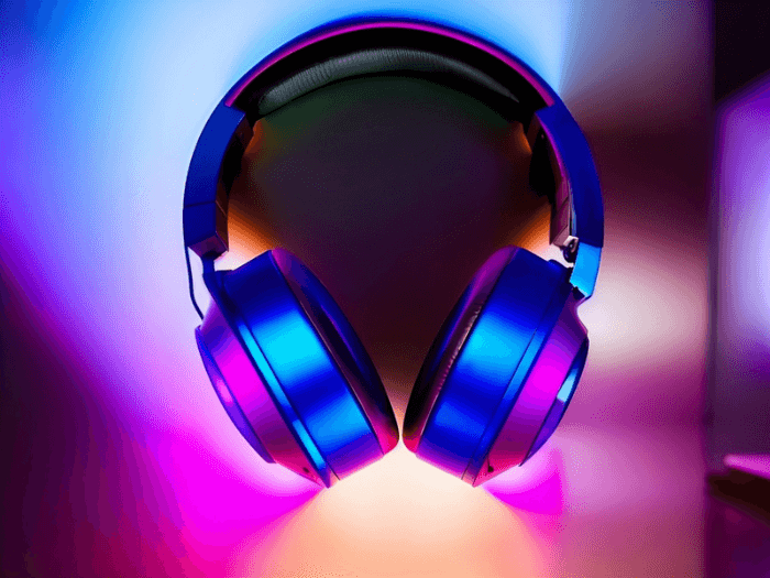 A pair of headphones in a neon pink light.