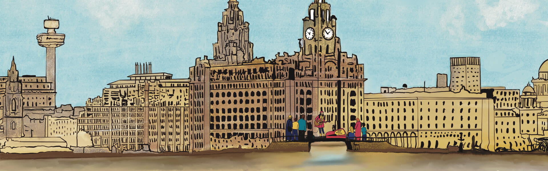 Illustrated cityscape featuring the waterfront buildings of Liverpool, including the Royal Liver Building, with people standing on a bridge in the foreground.