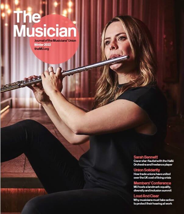 Cover of the Musician Winter 2022 edition featuring flautist Sarah Bennett