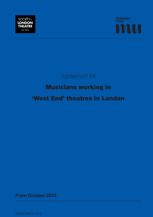 Blue front cover of the SOLT Agreement with SOLT and Musicians' Union logos and title.